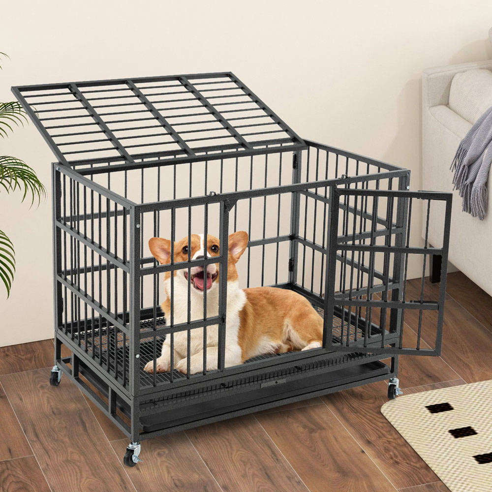 Costway Medium 2 Door Foldable Metal Dog Cage 96cm Image 4