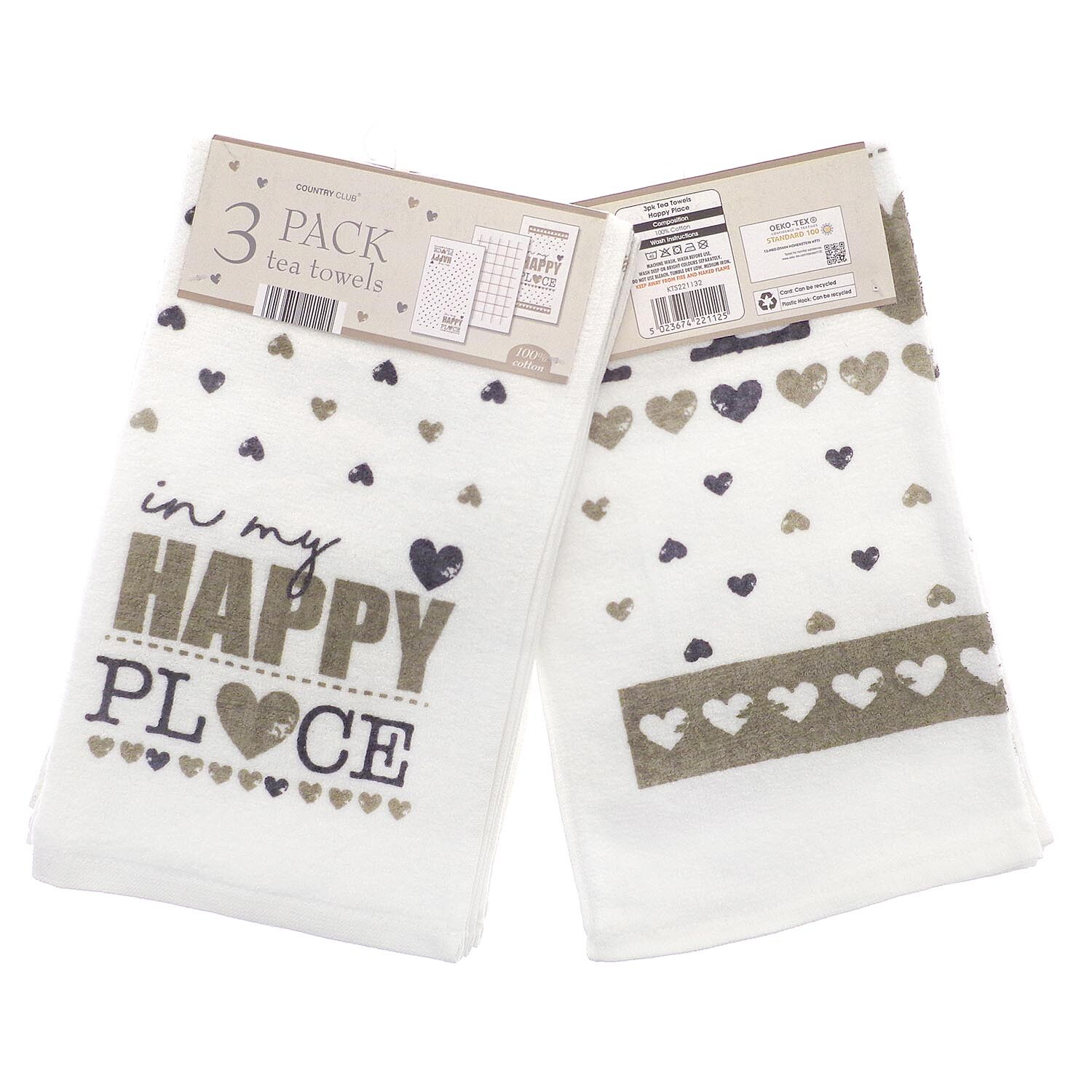 Pack of 3 Happy Place Tea Towels - White Image