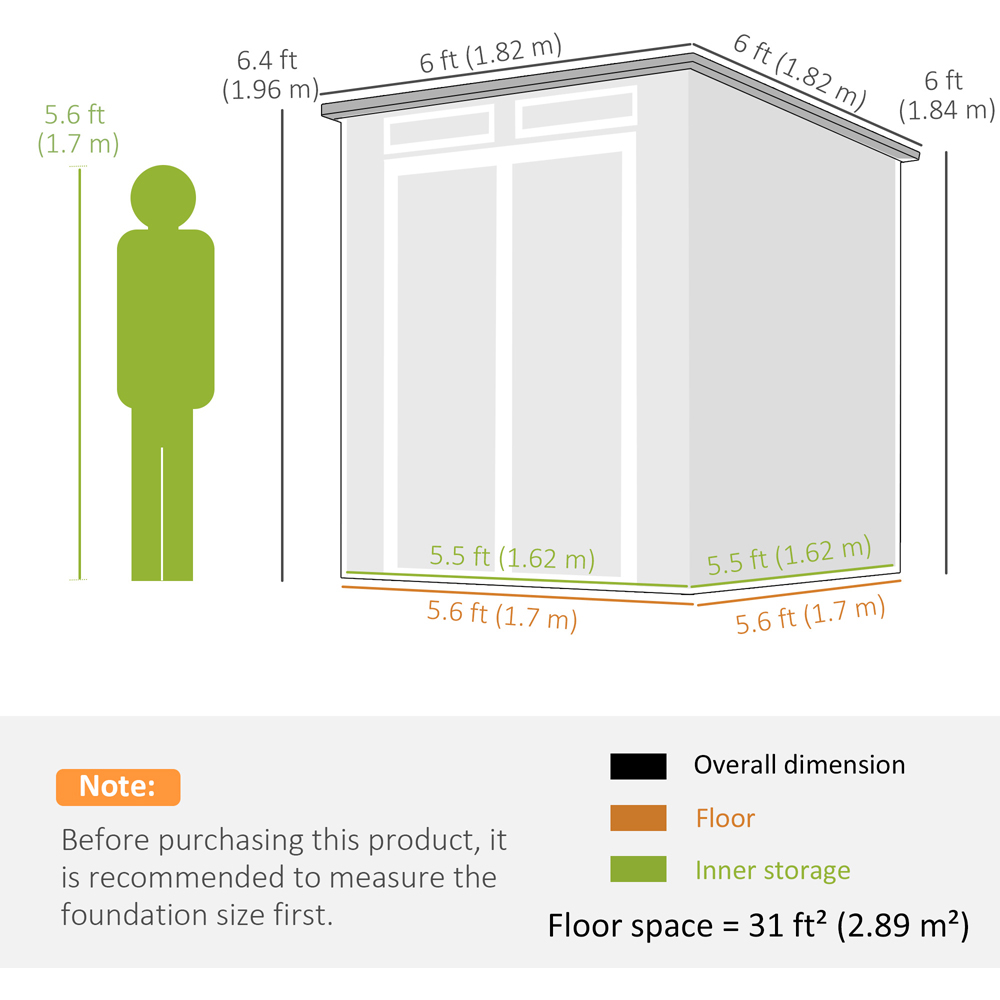 Outsunny 6 x 6ft Dark Grey Pent Garden Shed with Built-In Floor Image 9