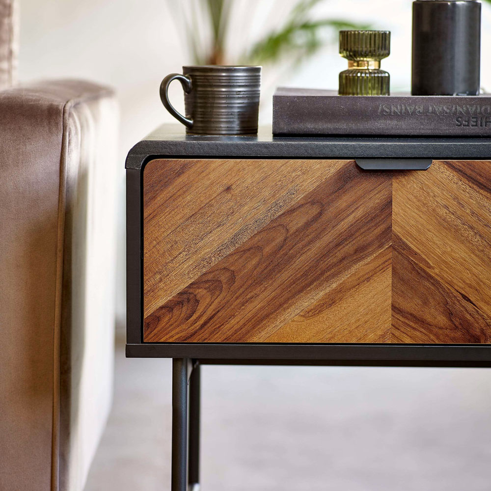 Julian Bowen Alvin Single Drawer Black and Chevron Natural Wood Effect Lamp Table Image 6