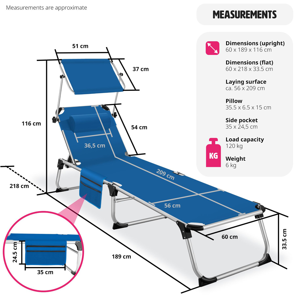 tectake Aurelie Blue Foldable and Adjustable Sun Lounger with Headrest Image 9