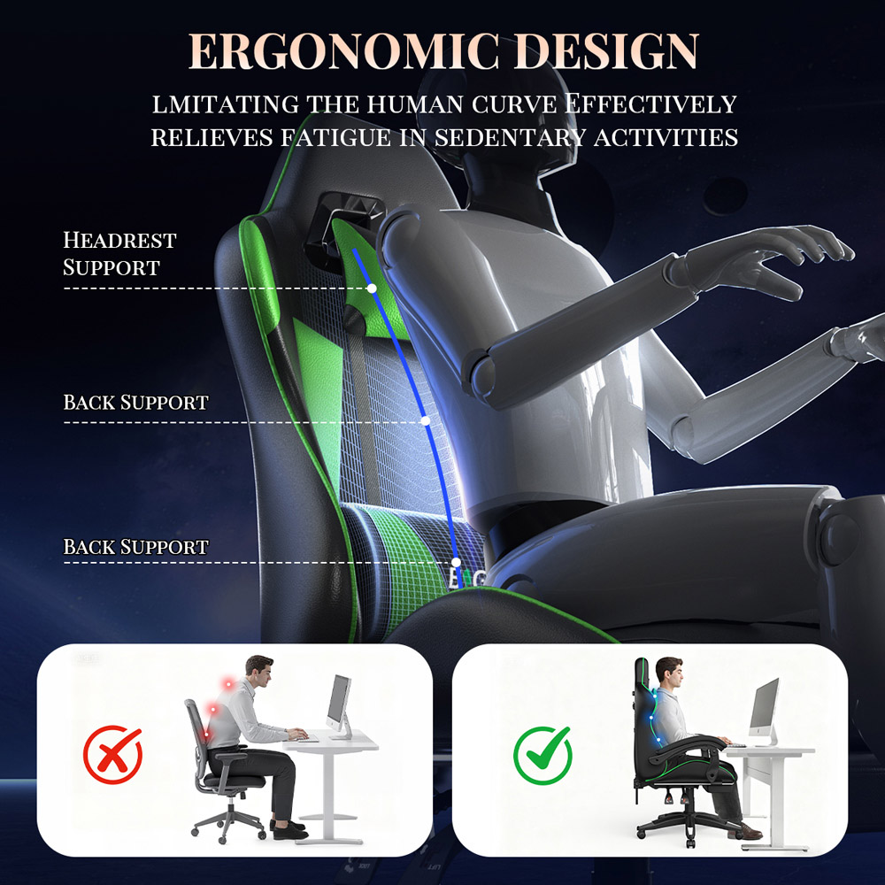 Rattrix Green Reclining Gaming Chair with Massage Lumbar Cushion and Footrest Image 8