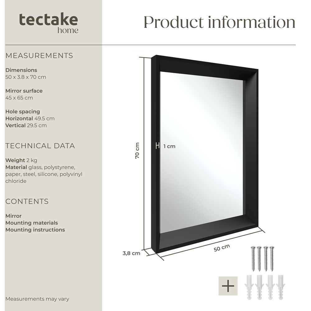 tectake Elina Black Rectangular Wall Mounted Mirror 70 x 50cm Image 8