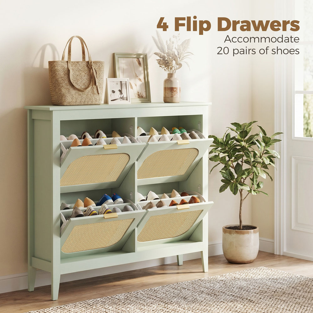 HOMCOM 4 Flip Door Green Rattan Boho-Style Slim Shoe Cabinet Image 6