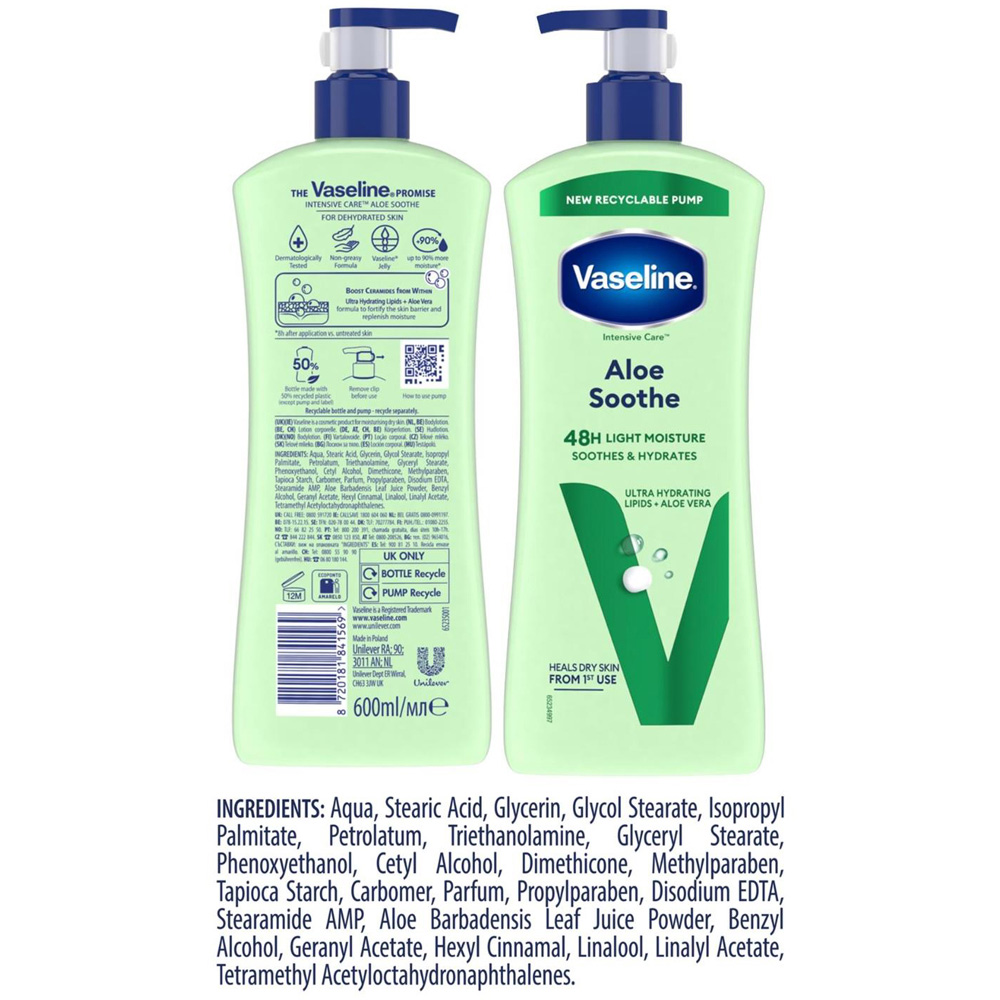 Vaseline Intensive Care Aloe Soothe Body Lotion Moisturiser 600ml 3 Pack Image 8