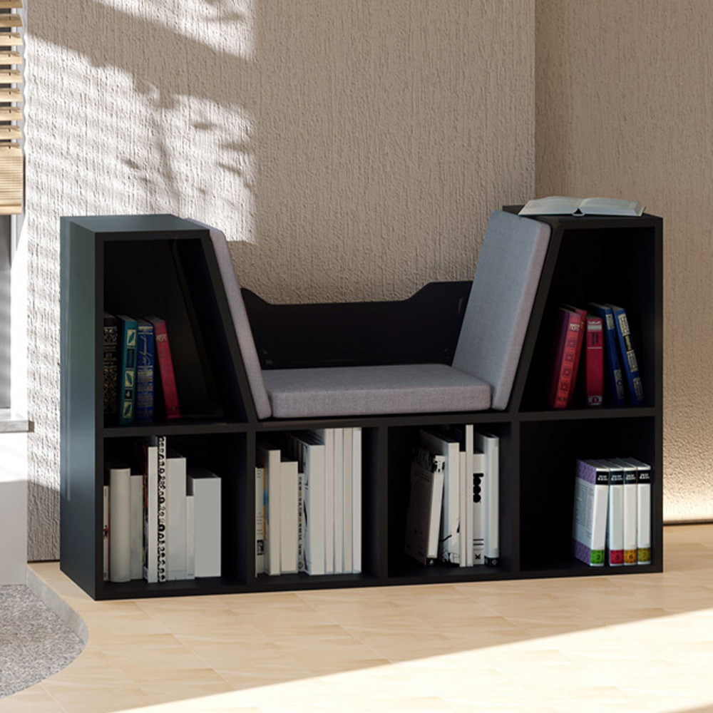 HOMCOM 6 Shelf Black Bookcase with Cushioned Reading Seat Image 1