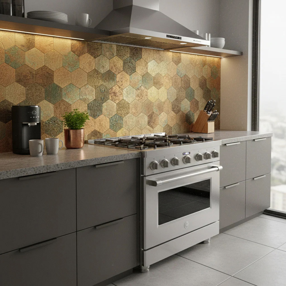 Britwall Mixed Bronze Mosaic Hexagonal Aluminium Peel and Stick Backsplash 290 x 288mm 4 Pack Image 5