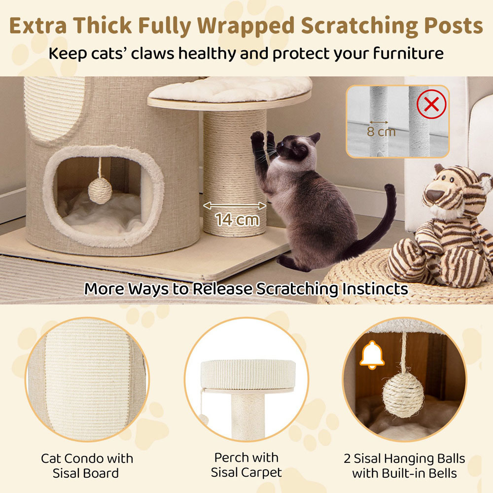 Costway Natural Multi Level Cat Tree with 2 Storey Condo 154cm
