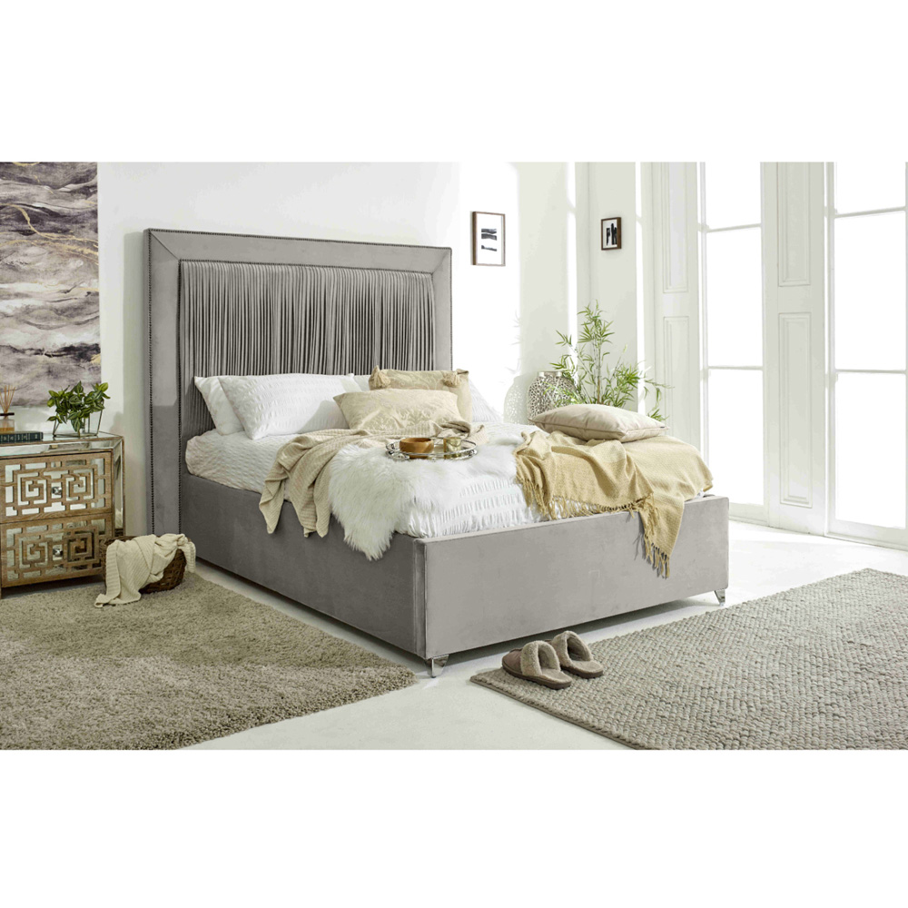 Eleganza Alexandra King Size Silver Plush Velvet Bed Frame with Pleated Headboard Image 6