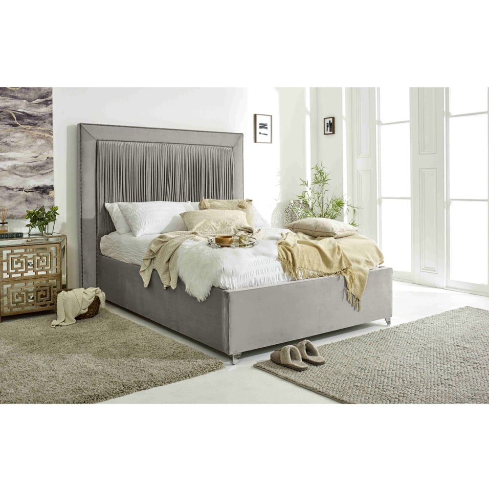 Eleganza Alexandra Small Double Silver Plush Velvet Bed Frame with Pleated Headboard Image 6