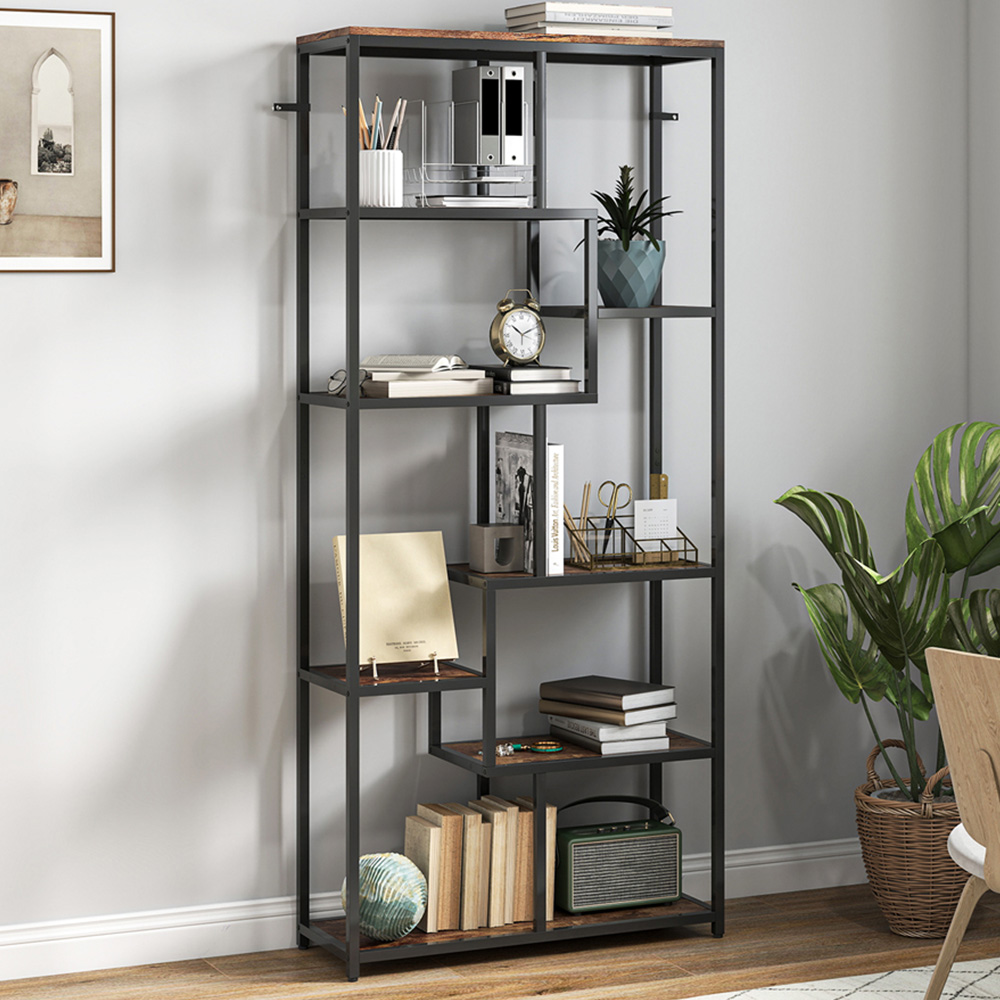 Portland 7 Shelf Rustic Brown and Black Industrial Bookcase Image 1