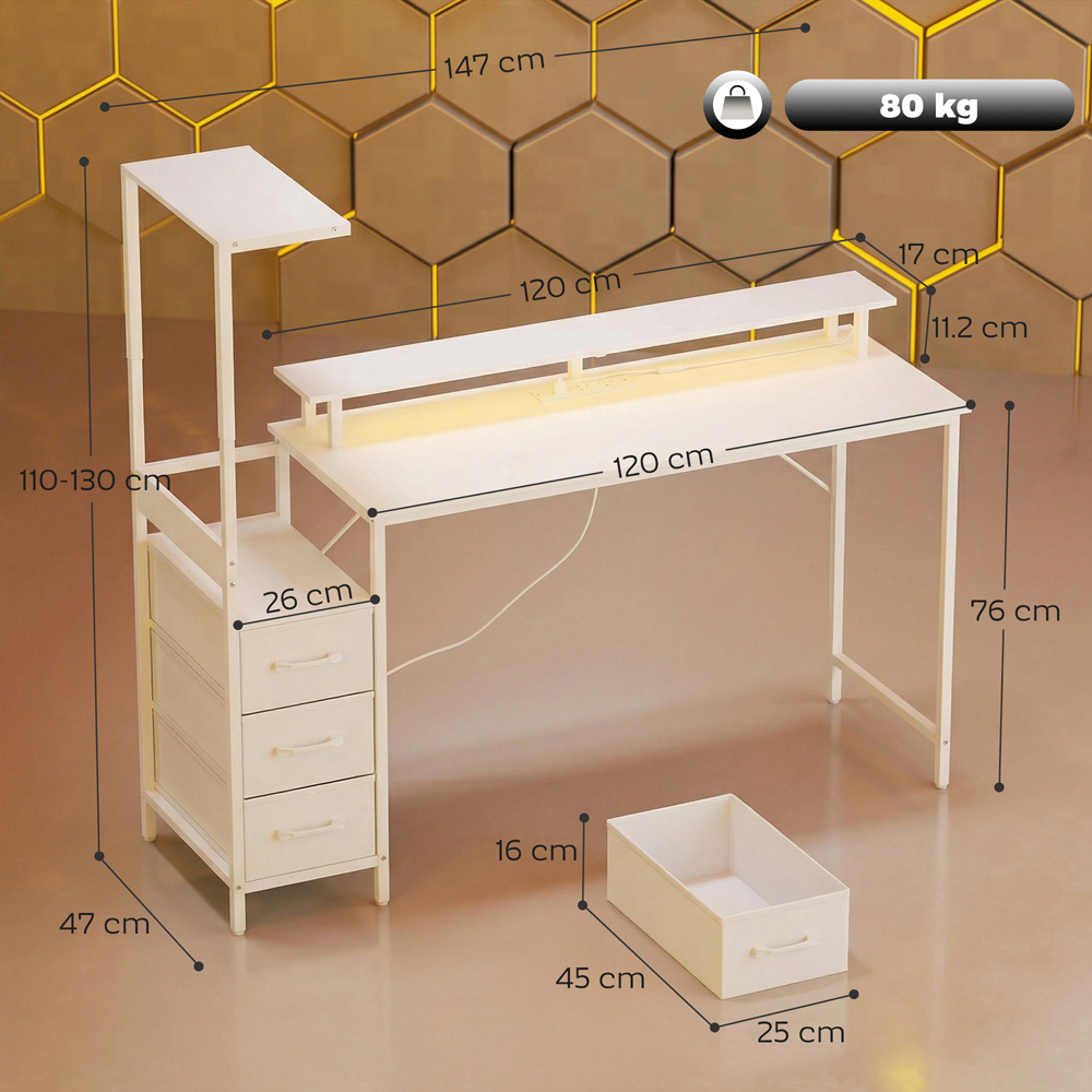 Portland 3 Drawer White Gaming Desk with Charging Station and RGB Lights Image 9