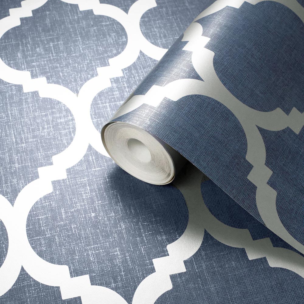 Darcy James Zara Trellis Blue and Silver Wallpaper Image 2