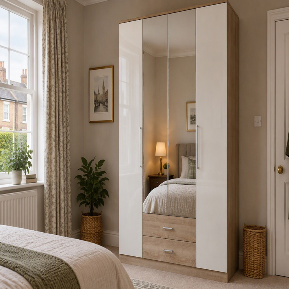 TJ'S Omega 4 Door 2 Drawer Oak and White Mirrored Wardrobe Image 1