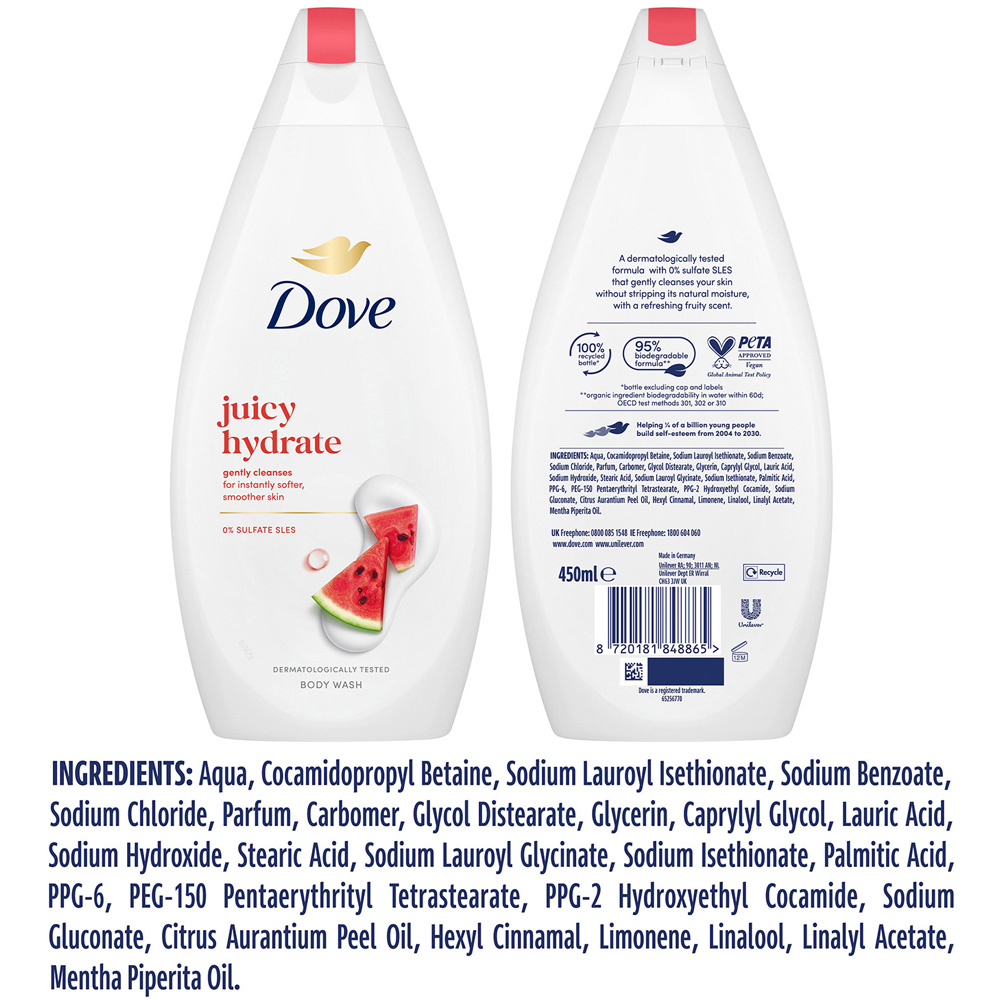 Dove Juicy Hydrate Watermelon Moisturising Gentle Cleansing Body Wash 450ml 6 Pack Image 9