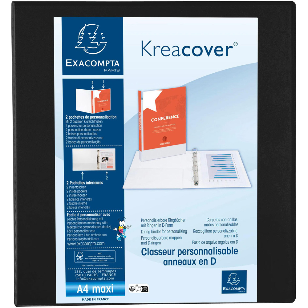 Exacompta Kreacover Black Polypropylene 4D Ring Binder with 3 Pockets 60mm 10 Pack Image 4