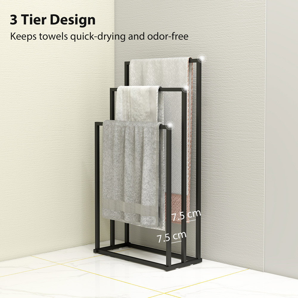 HOMCOM Black Steel Freestanding Towel Rack with 3 Bars Image 7