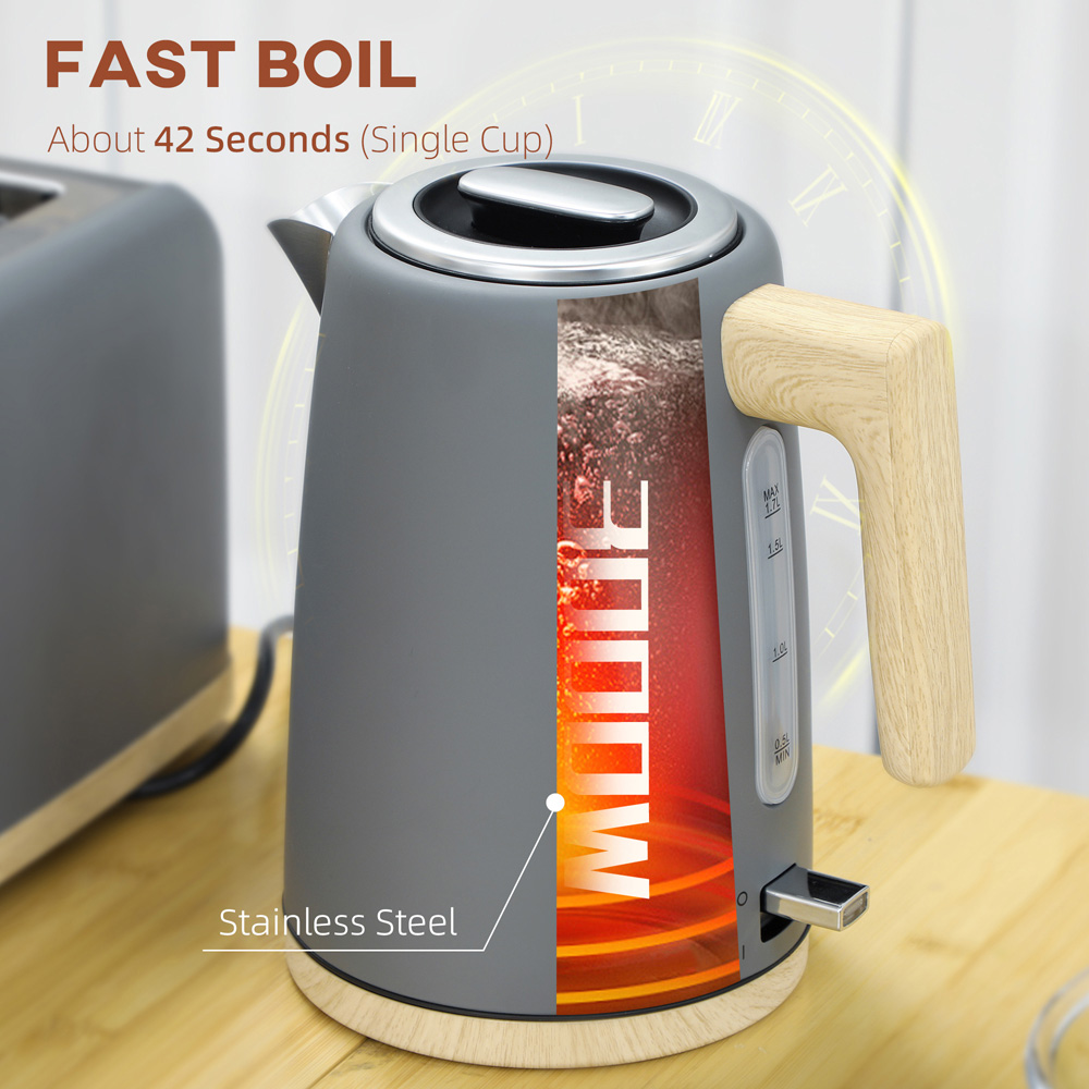 HOMCOM 800-234V70GY Grey 1.7L Electric Fast Boil Kettle and 2 Slice Toaster Set Image 4