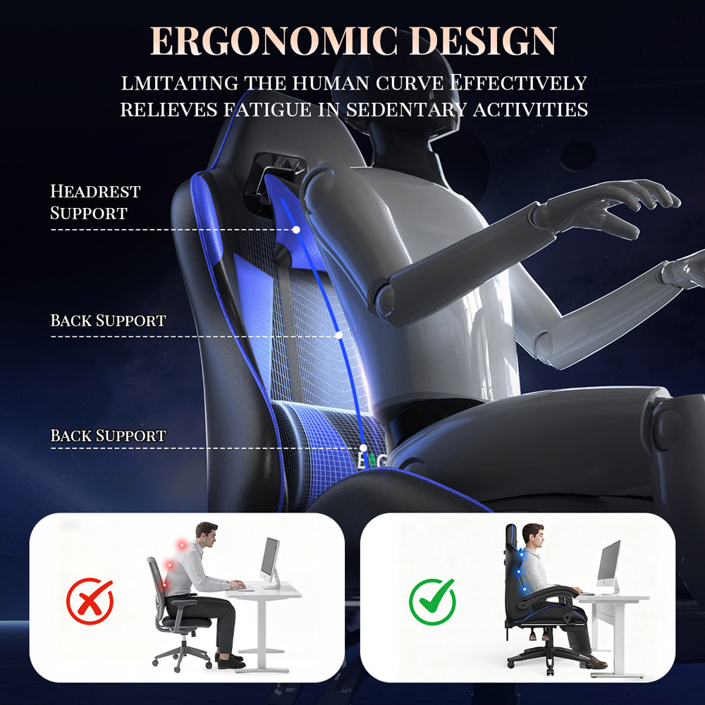 Rattrix Blue Reclining Gaming Chair with Massage Lumbar Cushion and Footrest Image 6