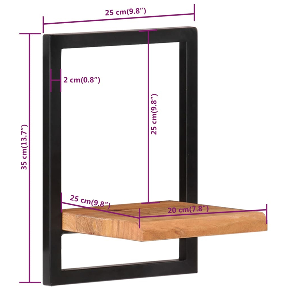 vidaXL 25cm Set of 2 Acacia Solid Wood and Steel Floating Wall Shelf Image 7