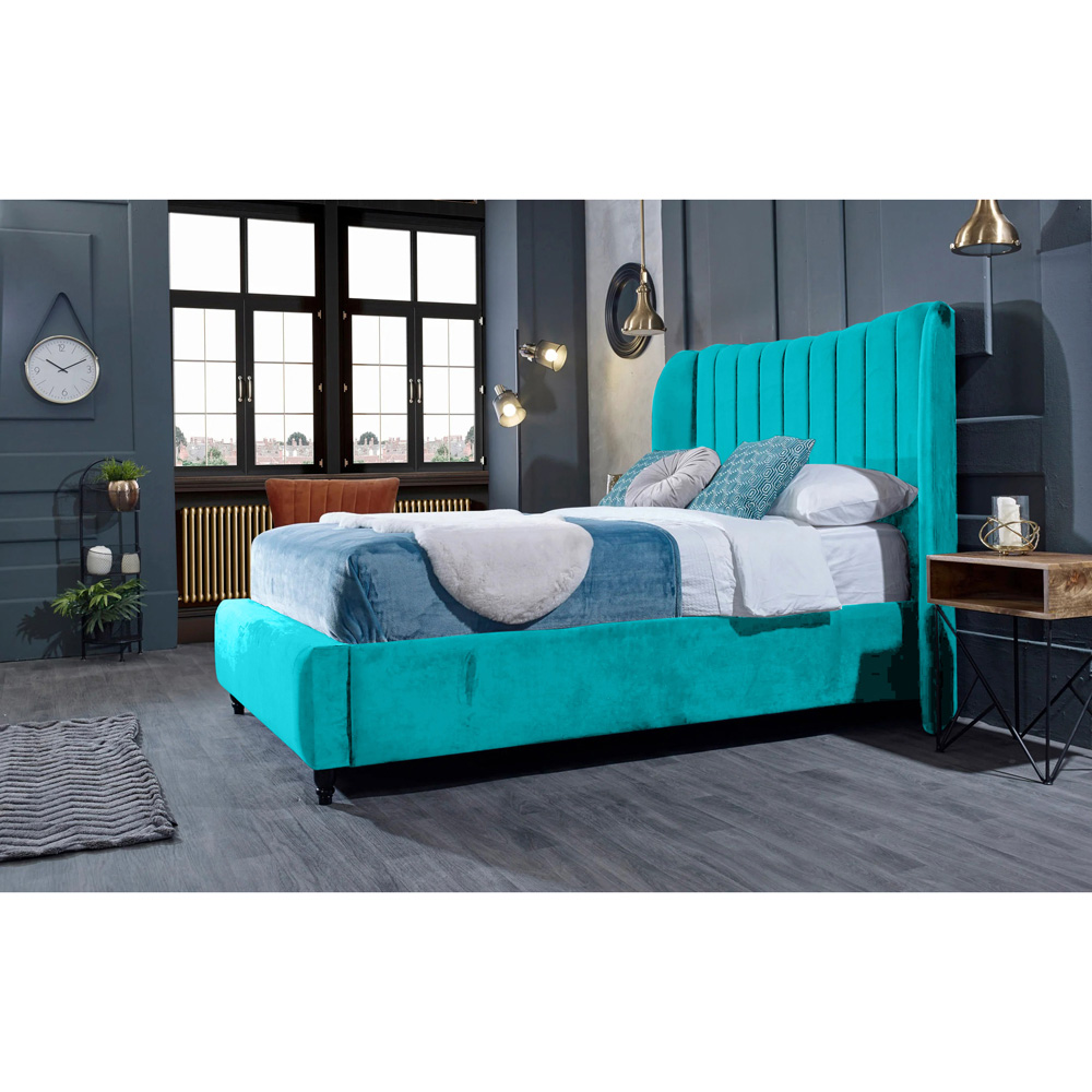 Eleganza Home Carli King Size Teal Plush Velvet Bed Frame with Lined Headboard Image 4