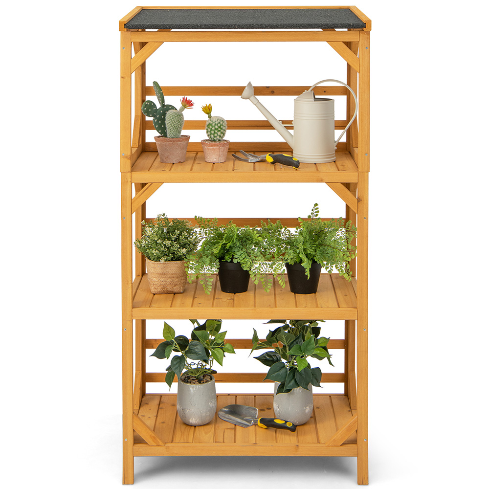 Costway 3 Tier Natural Garden Plant Stand with Weatherproof Roof Image 3