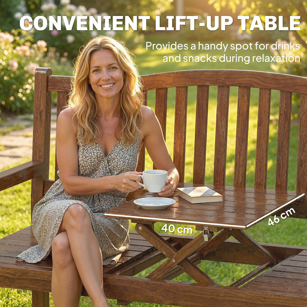 Outsunny 2 Seater Light Brown Wood Garden Loveseat Bench with Liftable Table and Cover Image 5