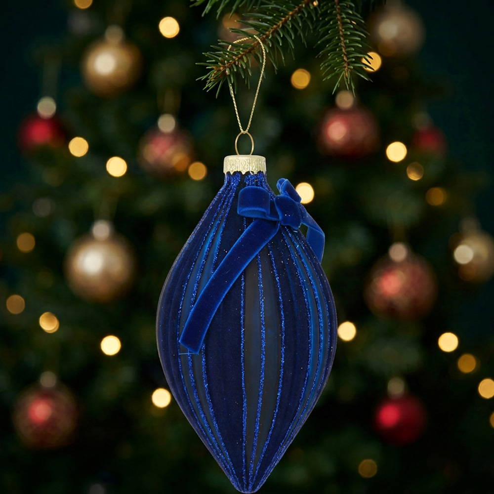 Navy Glitter Flocked Bow Bauble Image 2