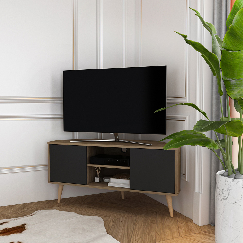 Decorotika Lesson 2 Door 2 Shelf Walnut and Black Corner TV Stand Image 4