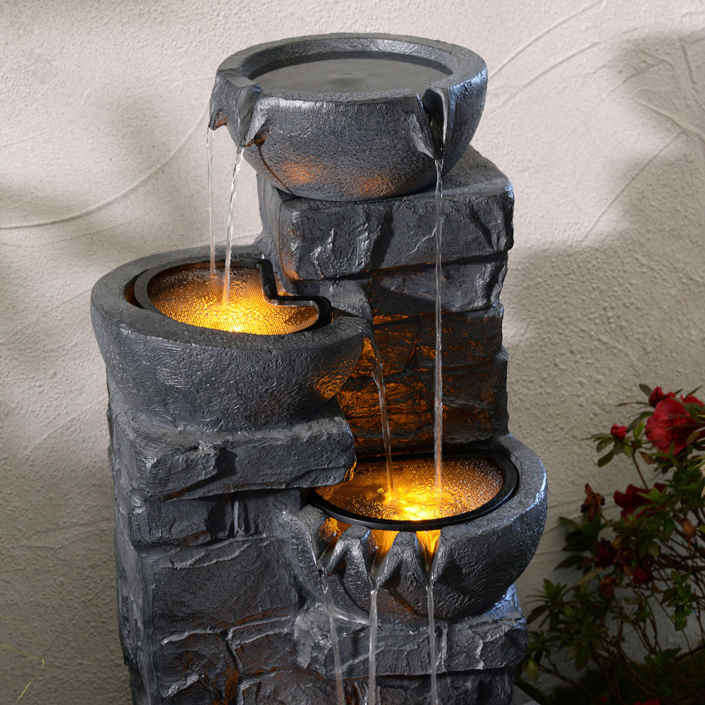 Teamson Home Dark Gray Cascading Bowls and Stacked Stones LED Outdoor Water Fountain 33 inch Image 5