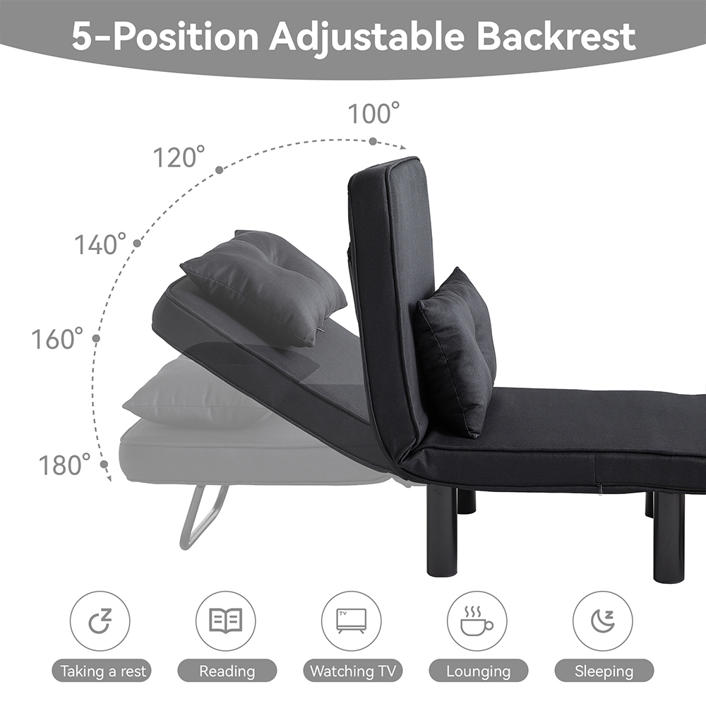 Single Seater Black 4-in-1 Foldable Sofa Bed with Adjustable Backrest and Large Cushion Image 6