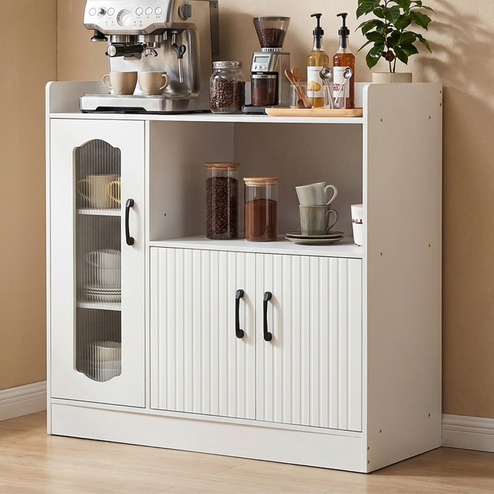 Living and Home 3 Door Single Shelf White Glass Panel Sideboard Image 1