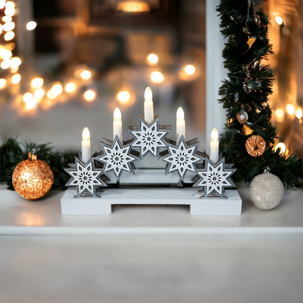 Xmas Haus White LED Light-Up Wooden Christmas Candle Arch with Stars Image 3