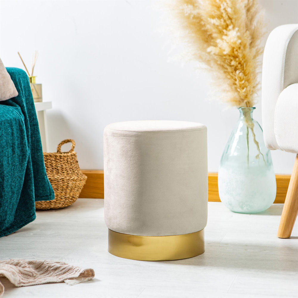 Harbour Housewares Cream Velvet Round Pouffe Image 4