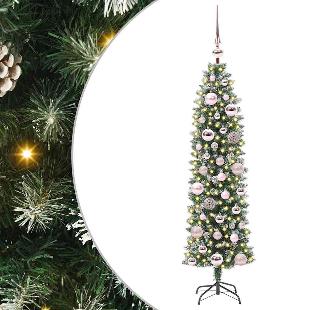 vidaXL Pre-Lit Warm White LED and Pink Baubles Green Slim Artificial Christmas Tree 4ft Image 7