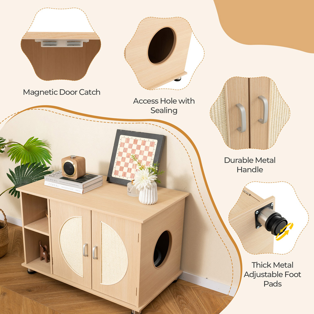 Costway Natural Cat Litter Box Enclosure with Sisal Scratching Doors Image 5