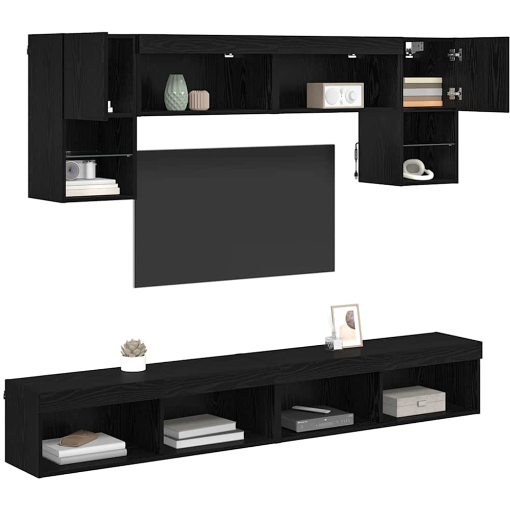 vidaXL 2 Door 10 Shelf Black Oak TV Wall Unit with LED Lights Set of 6 Image 3