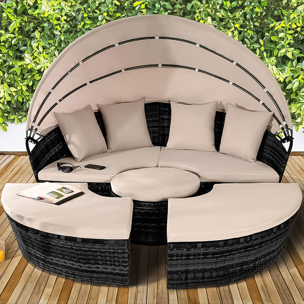 Brooklyn Luxury 8 Seater Black Rattan Sun Lounger Sofa Set with Canopy 210cm Image 1