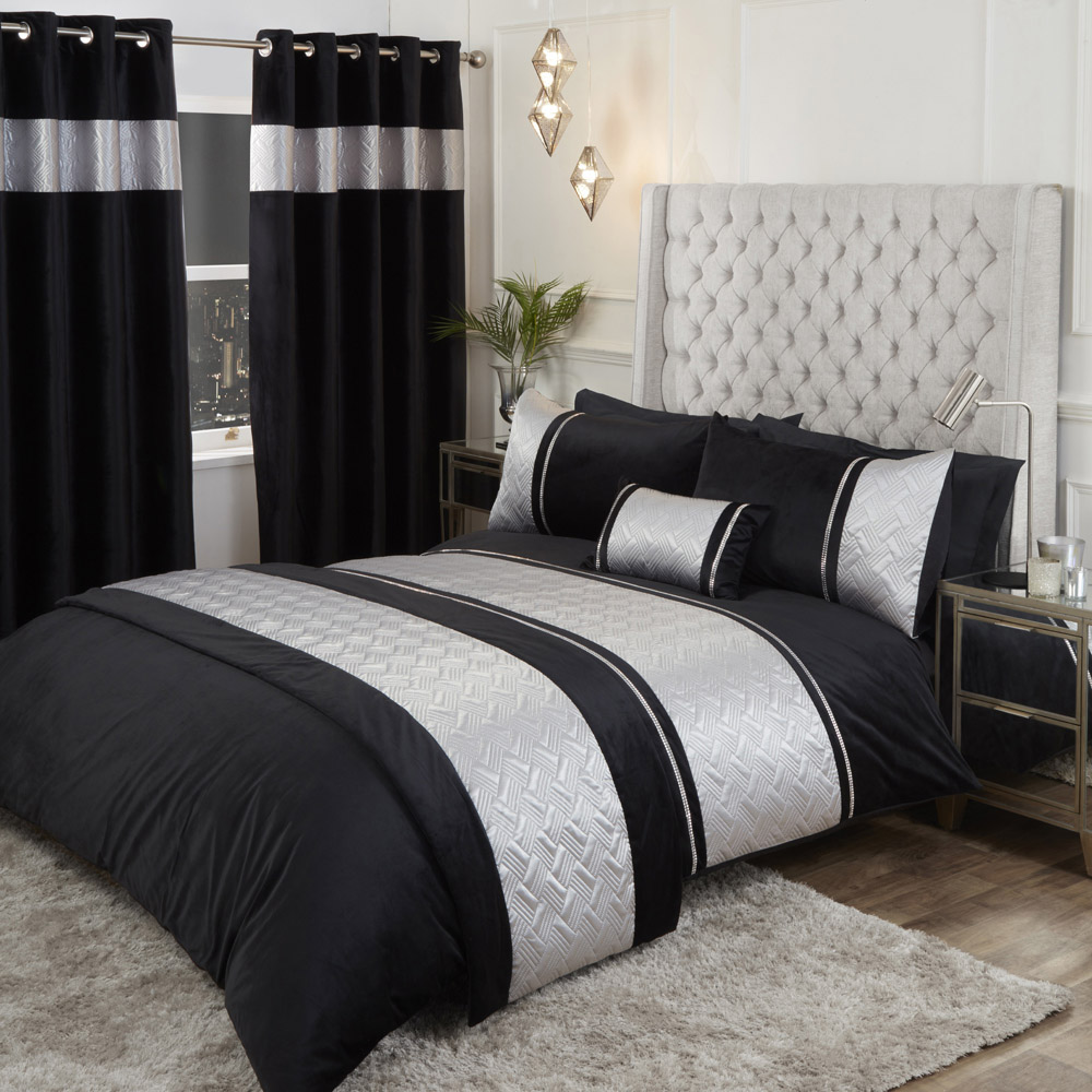 Rapport Home Capri Super King Black and Silver Velvet Duvet Set Image 1