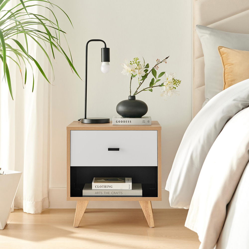 Furniturebox Billet Single Drawer Single Shelf Off White and Wood Effect Bedside Table Image 6
