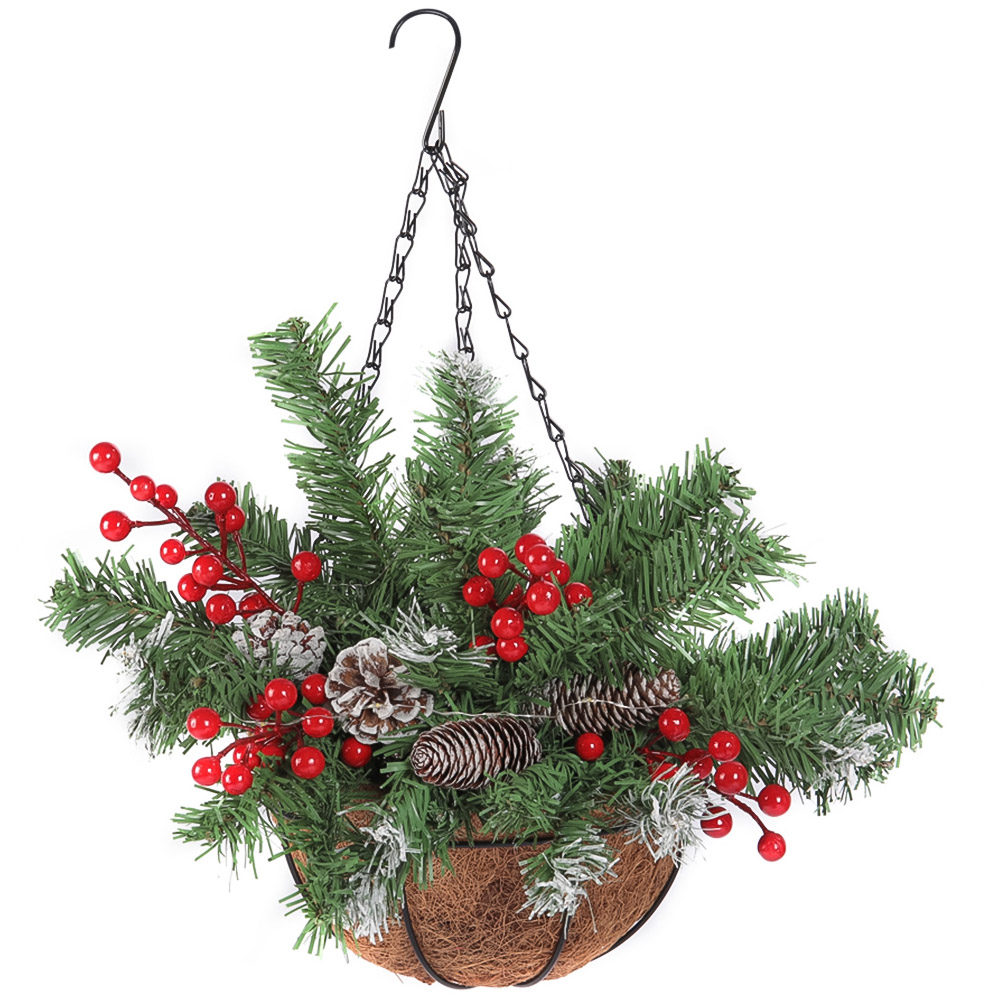Living and Home Pre-Lit Christmas Hanging Basket Image 1