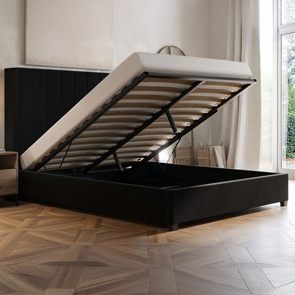 Flair Tiggy King Size Black Velvet Ottoman Bed with Winged Headboard Image 4