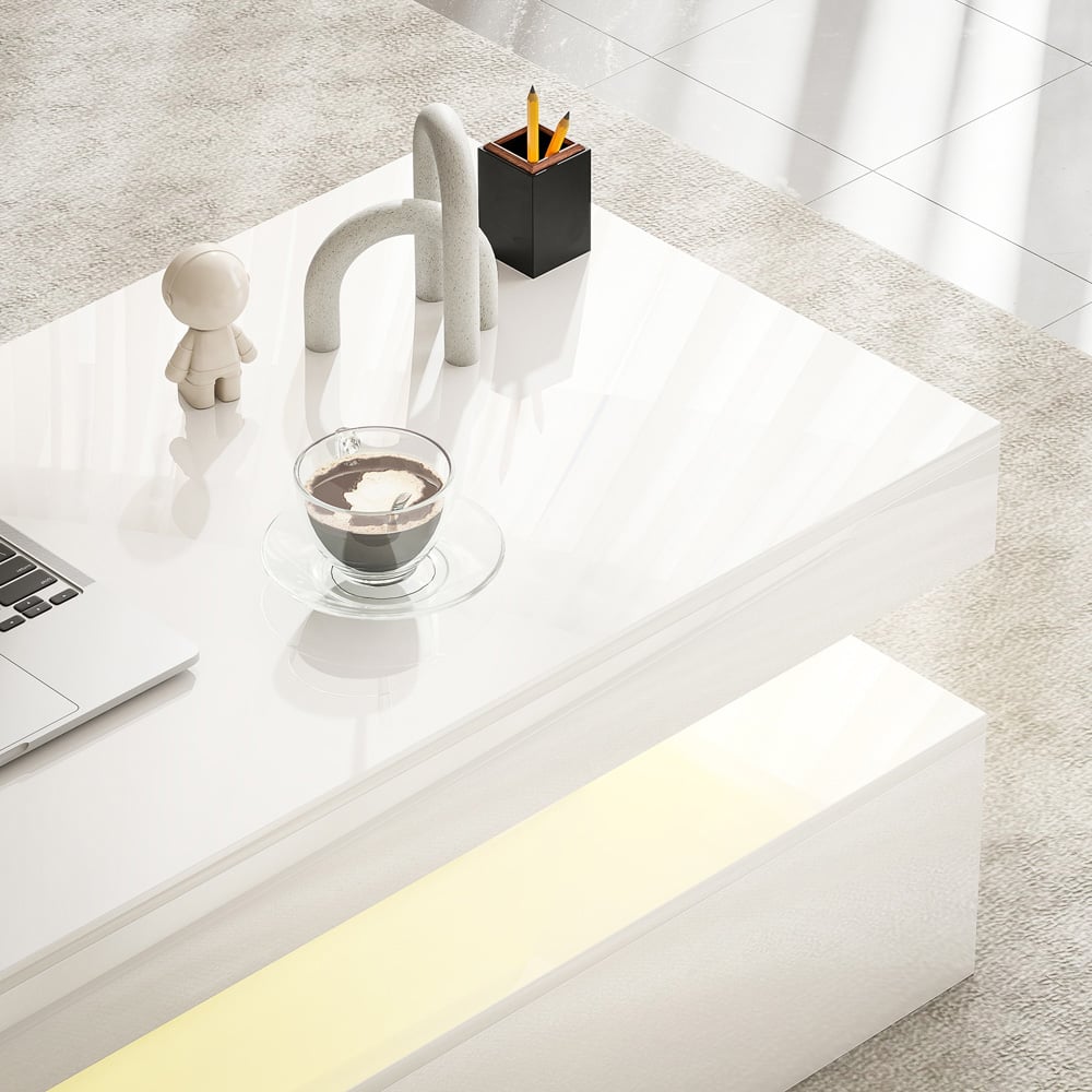 HOMCOM White High Gloss LED Coffee Table with Storage Image 3