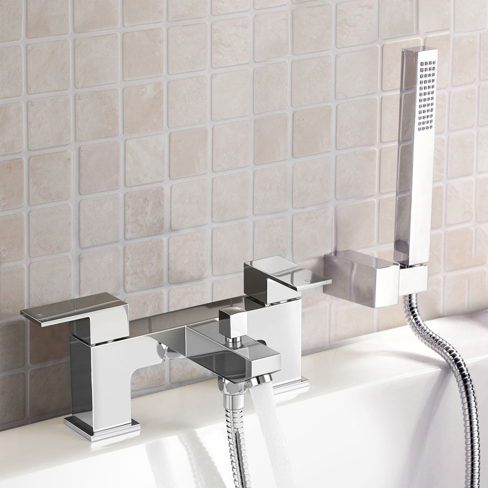 Nes Home Leon Modern Square Bridge Deck Mounted Bath Filler Tap with Shower Kit Image 2