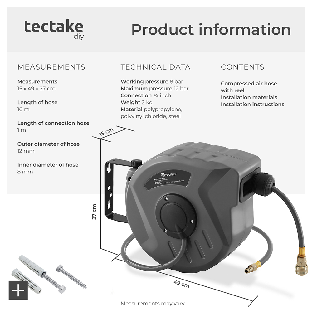 tectake Compressed Air Hose with Reel 10m Image 7