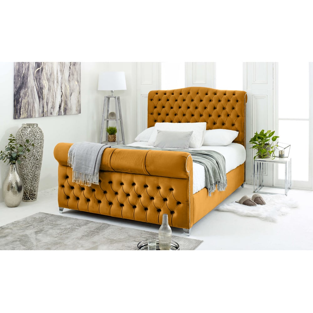 Eleganza Maynard Small Double Mustard Plush Velvet Bed Frame with Matching Buttons Image 3