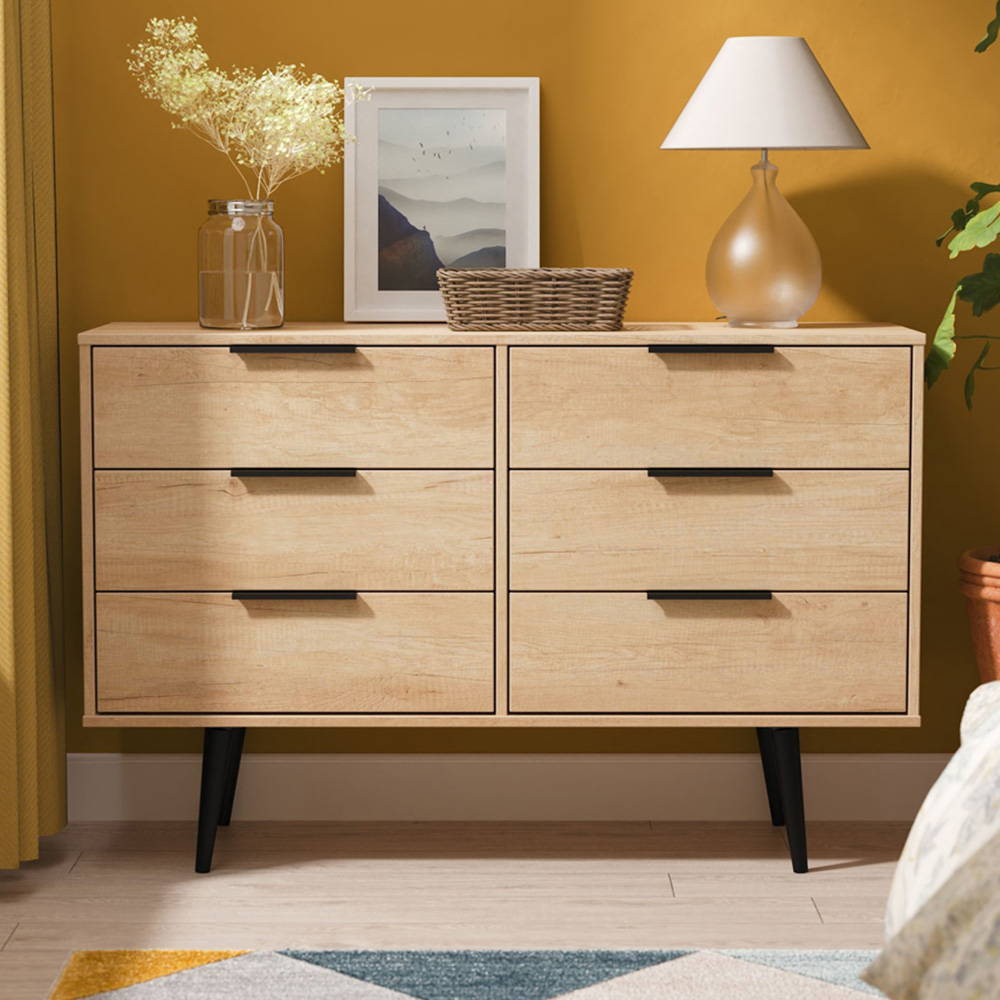 Crowndale Hong Kong 6 Drawer Nebraska Oak Wide Chest of Drawers Ready Assembled Image 1