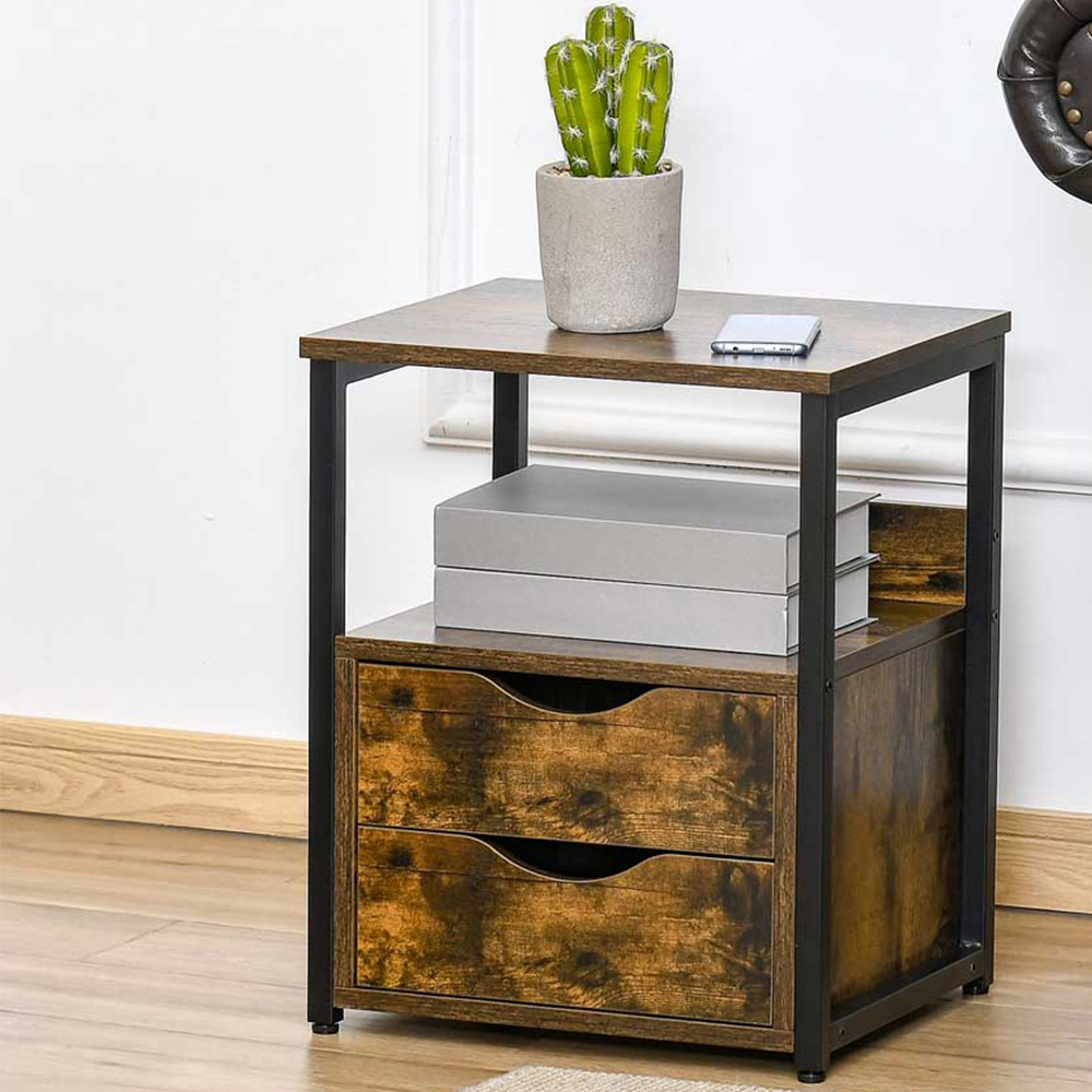 Portland 2 Drawer Single Shelf Brown Industrial Side Table Image 7