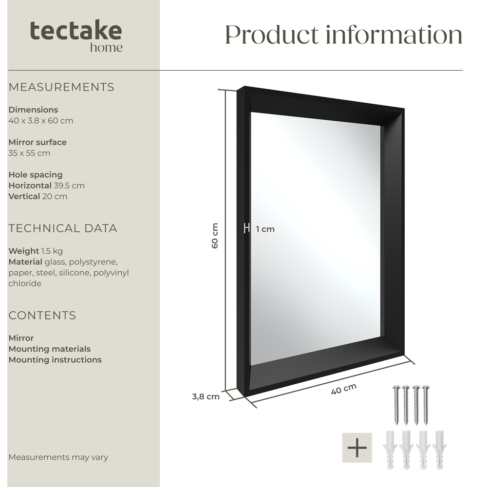 tectake Elina Black Rectangular Wall Mounted Mirror 60 x 40cm Image 8