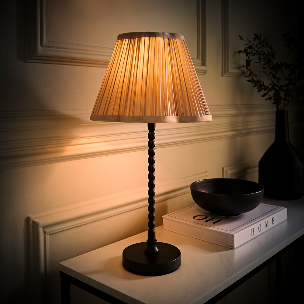 ValueLights Maeve Light Grey Pleated Faux Silk Scallop Shade Black Bobbin LED Table Lamp Image 6